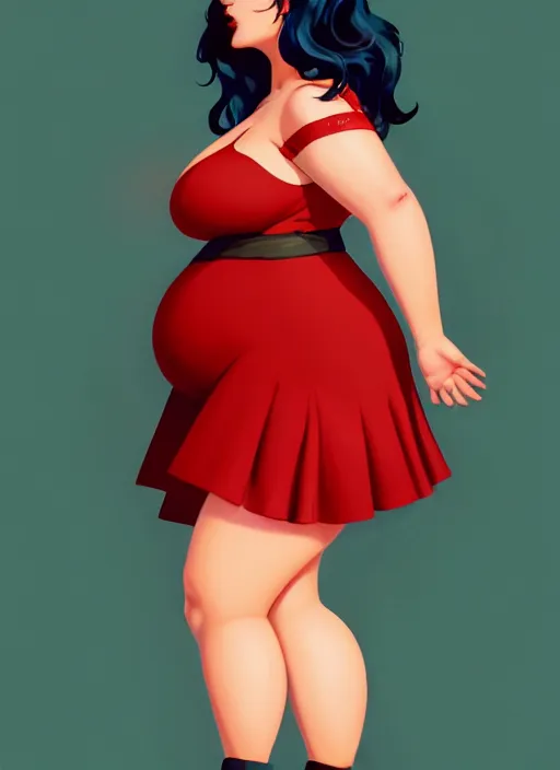 Image similar to full body portrait of teenage veronica lodge, obese, bangs, sultry, realistic, sultry smirk, wavy hair, red skirt, fat, belly, intricate, elegant, glowing lights, highly detailed, digital painting, artstation, concept art, smooth, sharp focus, illustration, art by wlop, mars ravelo and greg rutkowski