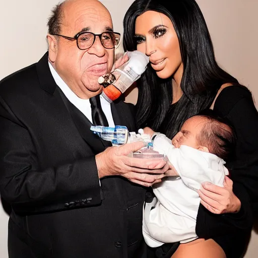 Prompt: kim kardashian feeding danny devito with a baby bottle as he's being held warmly award winning motherly photography