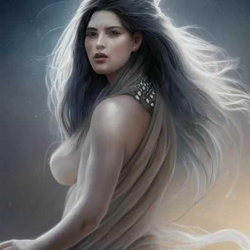 Image similar to epic portrait moon goddess, beauty, pretty face, glossy skin, long gray flowing hair, blurry backround pyramids, digital painting, artstation, concept art, soft light, hdri, smooth, sharp focus, illustration, fantasy, intricate, elegant, highly detailed, D&D, matte painting, in the style of Greg Rutkowski and Alphonse Mucha and artemisia, 8k, highly detailed, jurgens, rutkowski, bouguereau, pastoral, rustic, georgic