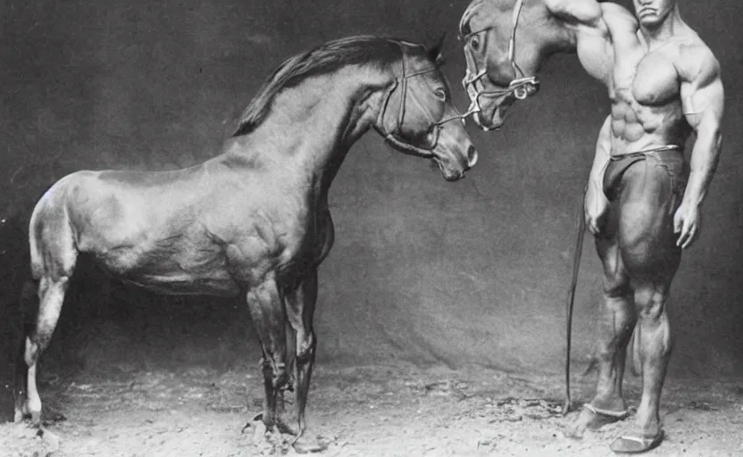 Image similar to strong horse with big muscles. bodybuilder, strong, 1 9 0 0 s