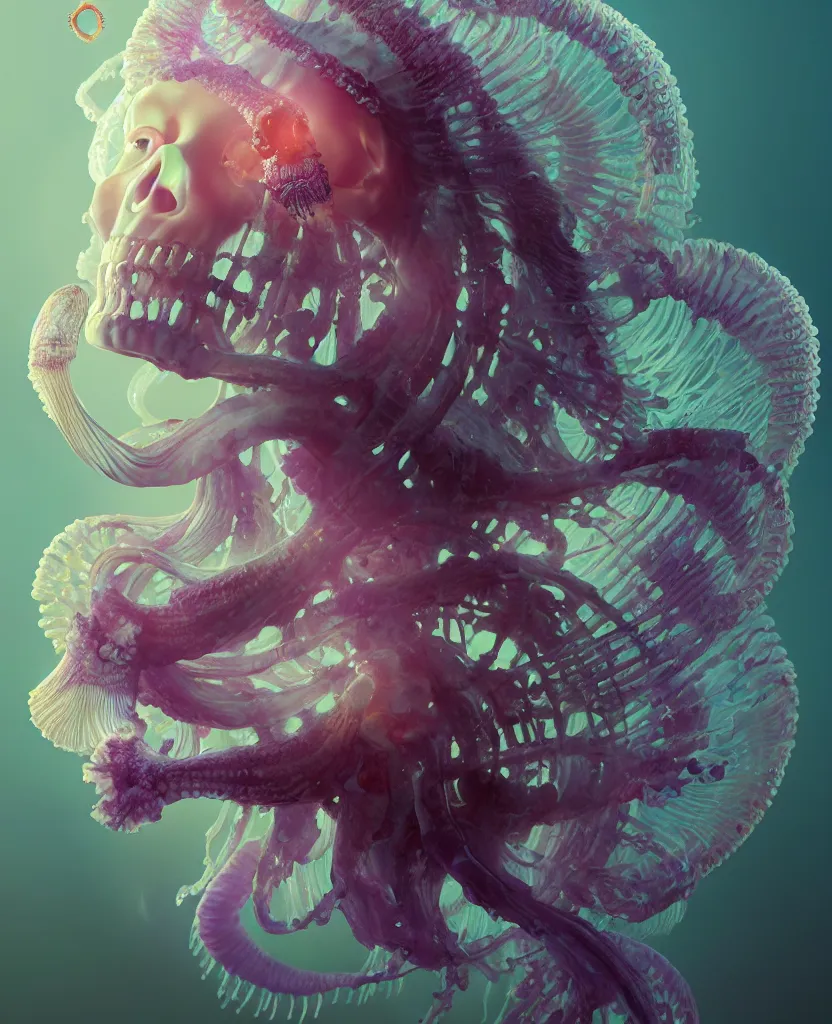 Image similar to goddess close - up portrait human skeleton, ram skull, jellyfish, orchid, betta fish, bioluminiscent, intricate artwork by tooth wu and wlop and beeple. octane render, trending on artstation, greg rutkowski very coherent symmetrical artwork. cinematic, hyper realism, high detail, octane render, 8 k