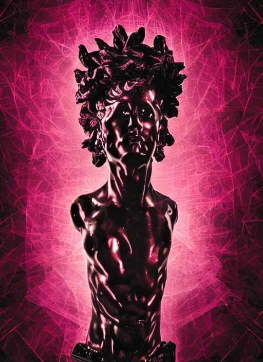 Image similar to dark design poster showing a statue of dionysus, black background with very subtle red and purple design elements, powerful, nekro, vito acconci, thin straight lines, dark, glitch art, neo vaporwave, gritty, layout frame, square, trending on artstation