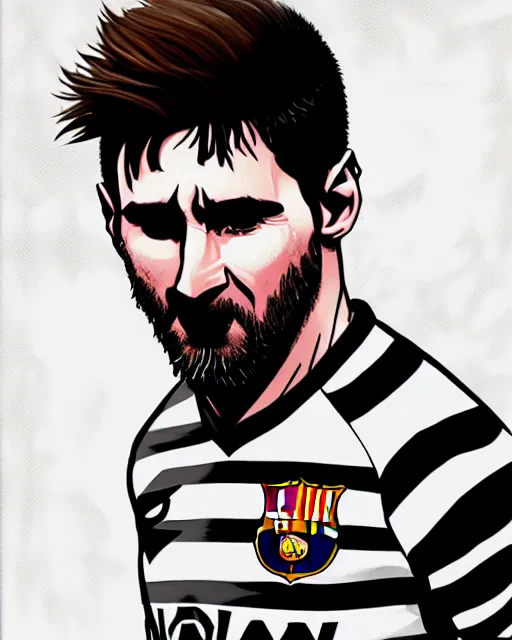 Prompt: An epic fantasy comic book style portrait painting of Messi, very expressive, really short dark gray hairs, round face, wearing a shirt with horizontal stripes, awesome pose, character design by Mark Ryden and Pixar and Hayao Miyazaki, unreal 5, DAZ, hyperrealistic, octane render, cosplay, RPG portrait, dynamic lighting, intricate detail, summer vibrancy, cinematic