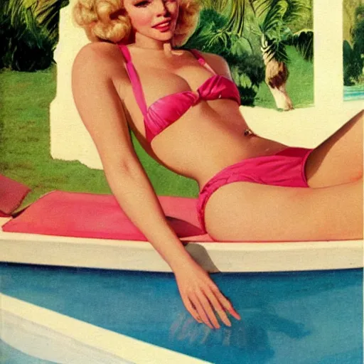 tuesday weld in a pink bikini lounging next to a palm