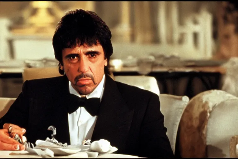 Prompt: medium shot. tony montana from movie scarface 1 9 8 3 sitting at a table with package of cocaine. al pacino. perfect symmetric face, coherent eyes, fine details, 4 k, ron cobb. cinestill