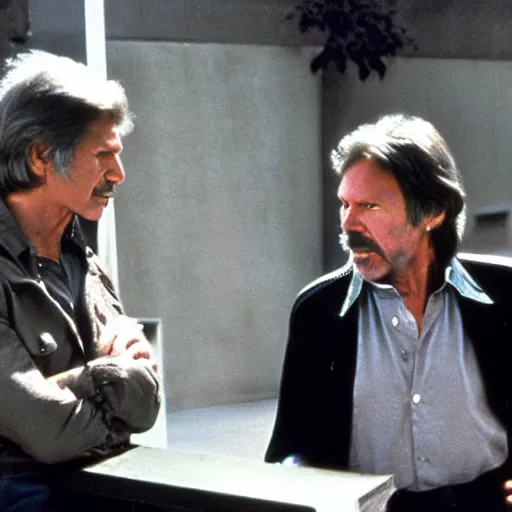Image similar to movie still, 1 9 8 0 s, harrison ford and john carpenter talking