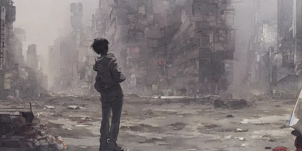 Prompt: incredible wide screenshot, simple watercolor, paper texture, katsuhiro otomo ghost in the shell movie scene, distant shot of hoody girl side view sitting under a parasol in deserted dusty shinjuku junk town, broken vending machines, old pawn shop, bright sun bleached ground, mud, fog, dust, windy, scary chameleon face muscle robot monster lurks in the background, ghost mask, teeth, animatronic, black smoke, pale beige sky, junk tv, texture, strange, impossible, fur, spines, mouth, pipe brain, shell, brown mud, dust, bored expression, overhead wires, telephone pole, dusty, dry, pencil marks, genius party,shinjuku, koju morimoto, katsuya terada, masamune shirow, tatsuyuki tanaka hd, 4k, remaster, dynamic camera angle, deep 3 point perspective, fish eye, dynamic scene