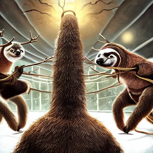 Image similar to a sloth vs reindeer kung fu style in a dojo, facing each other, aggressive sloth vs a muscled reindeer, best photo award, high quality 8 k, cinematic lighting, painting by kusama, high detail, realism : 9 5 %