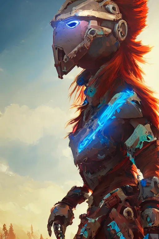 Image similar to combination suit armor aloy horizon forbidden west horizon zero dawn radiating a glowing aura global illumination ray tracing hdr fanart arstation by ian pesty and alena aenami artworks in 4 k tribal robot ninja mask helmet backpack