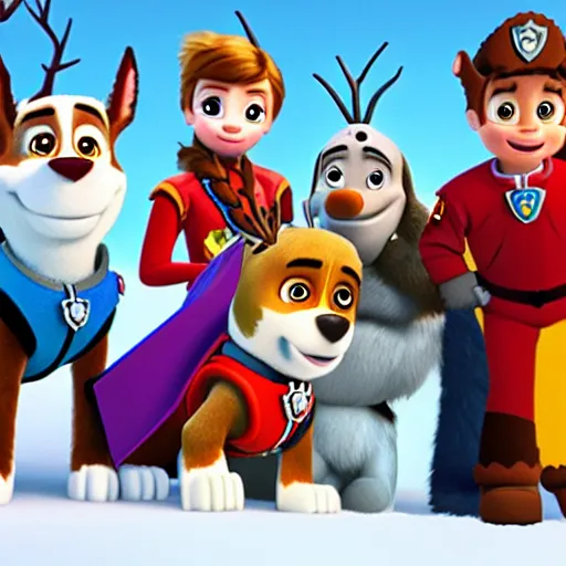 Image similar to paw patrol as real life human characters in the movie frozen, furry, photorealistic, cinematic, 3 5 mm