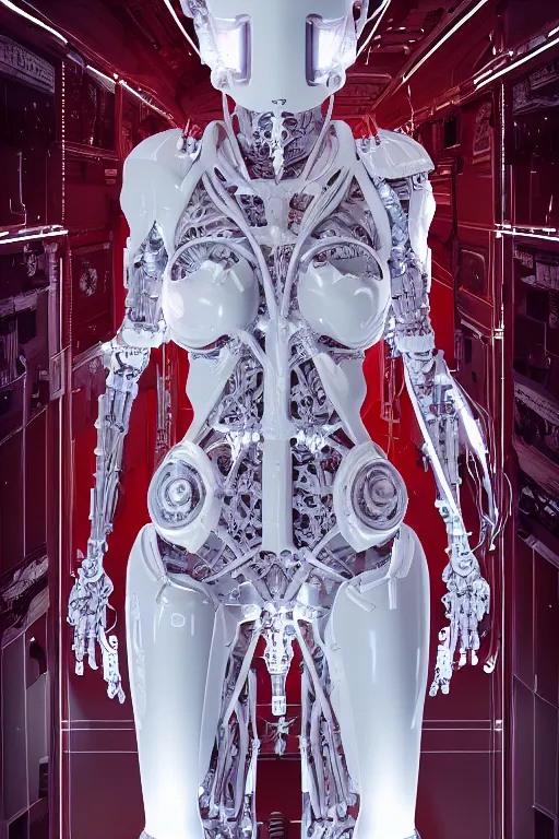 Prompt: space station interior white cross cross inflateble shapes wires tubes veins wires tubes veins jellyfish white biomechanical details a statue jesus on cross made of red marble hands nailed to a cross perfect symmetrical full shot, wearing epic bionic cyborg implants masterpiece, intricate biopunk vogue highly detailed artstation concept art cyberpunk octane render