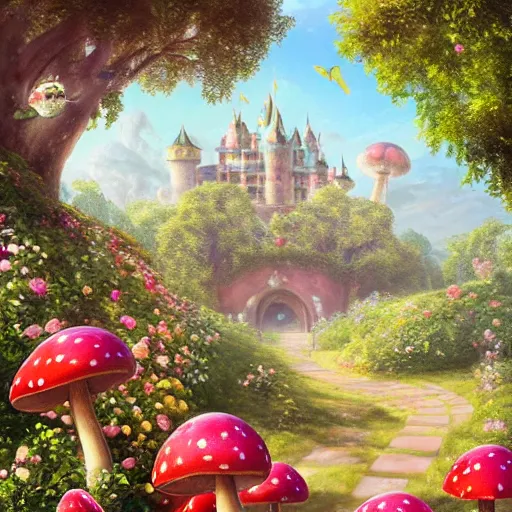 Image similar to portrait of princess peach from Mario, running up a hill of exotic flowers in the Mushroom Kingdom, giant red and white spotted mushrooms, and roses, from behind, Castle in distance, birds in the sky, sunlight and rays of light shining through trees, beautiful, solarpunk!!!, highly detailed, digital painting by Michael Garmash and Peter Mohrbacher