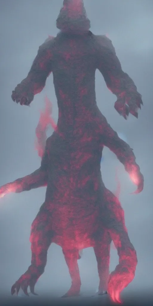 Prompt: very low - resolution found footage of a kaiju monster, fog!!, smoke, red hue, thriller, underdeveloped, flare, epic, dramatic