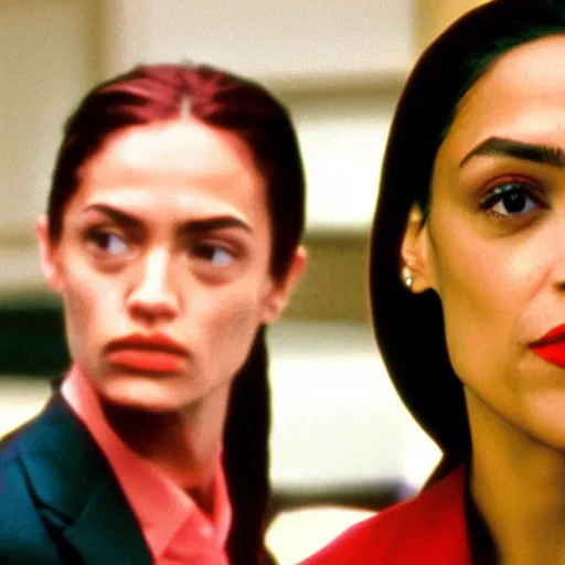 Prompt: Alexandria Ocasio Cortez wearing Tax the Rich tee shirt in American Psycho (1999)