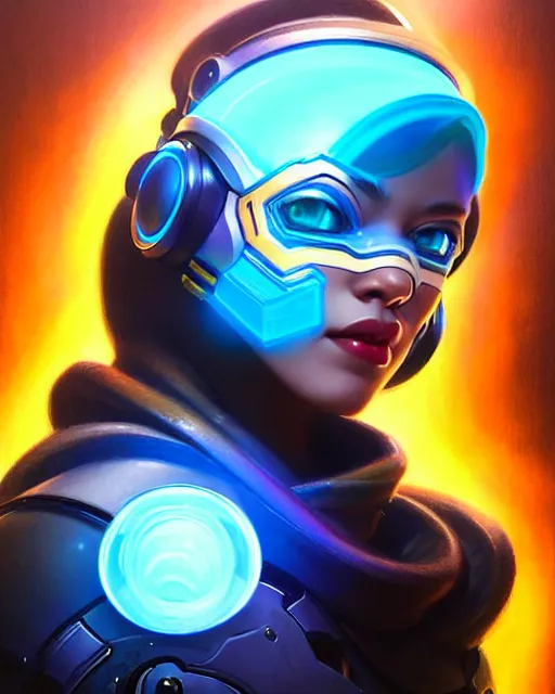 Image similar to echo from overwatch, thai, blue holographic face, elegant, colorful, fantasy, fantasy art, character portrait, portrait, close up, highly detailed, intricate detail, amazing detail, sharp focus, vintage fantasy art, vintage sci - fi art, radiant light, caustics, by boris vallejo