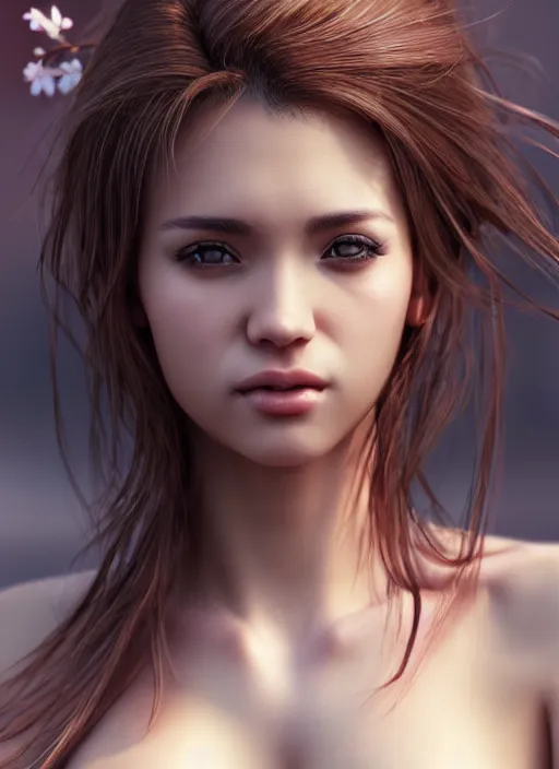 Image similar to photo of a gorgeous female with messy hair in the style of stefan kostic, realistic, body shot, sharp focus, 8 k high definition, insanely detailed, intricate, elegant, art by stanley lau and artgerm, cherry blossoms