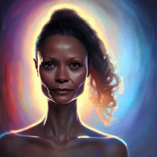 Prompt: portrait of thandie newton by mandy jurgens, cartoon, oil painting, visionary art, symmetric, magic symbols, holy halo, dramatic ambient lighting, high detail, vibrant colors,