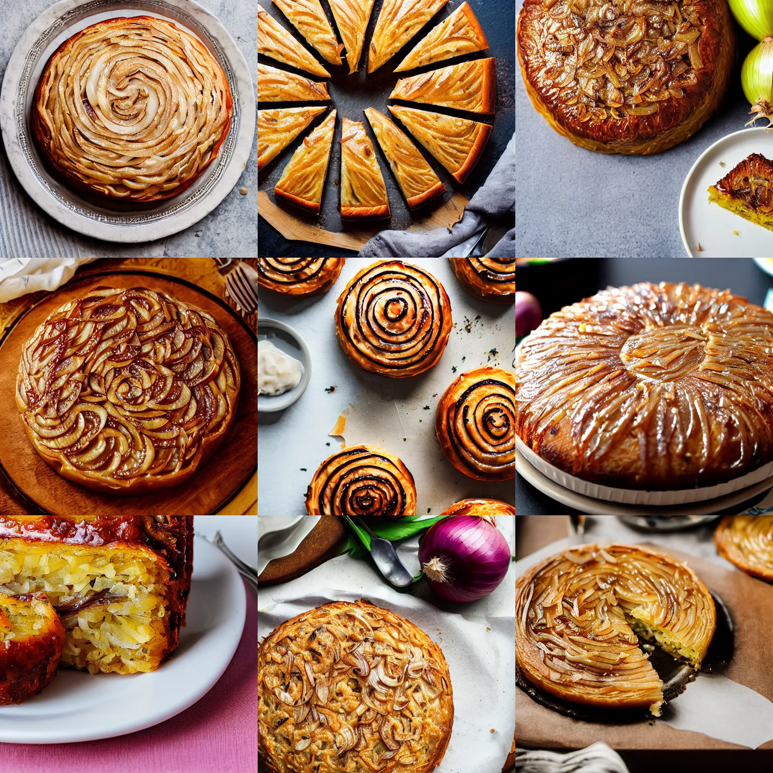 Prompt: delicious onion cake, food photography, glazed icing onion topping, surrounding onions