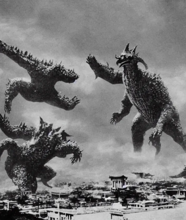 Prompt: a filmstill of a north korean monster movie, kaiju - eiga monster with starfish - arms trampling a traditional korean palace, foggy, film noir, epic battle, etheral, explosions, communist propaganda, communist epic thriller, by kim jong - il and akira kurosawa and tim burton, video compression