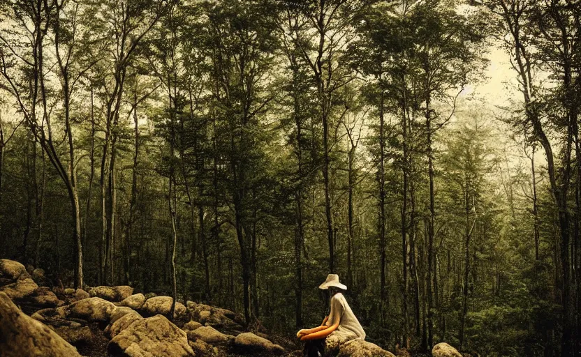 Image similar to a beautiful painting of a lonely wandering soul, resting in a forest sitting on a boulder, listening to the quiet and the breeze, smiling and looking up at the trees, by elizabeth gadd