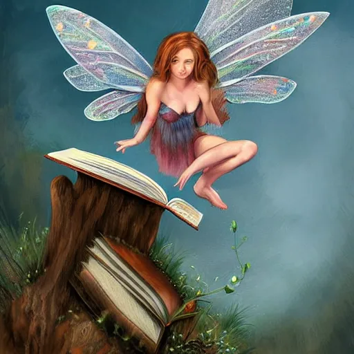 Prompt: a very small fairy hovers above an big open book, highly detailed, digital painting, sharp focus, fantasy art