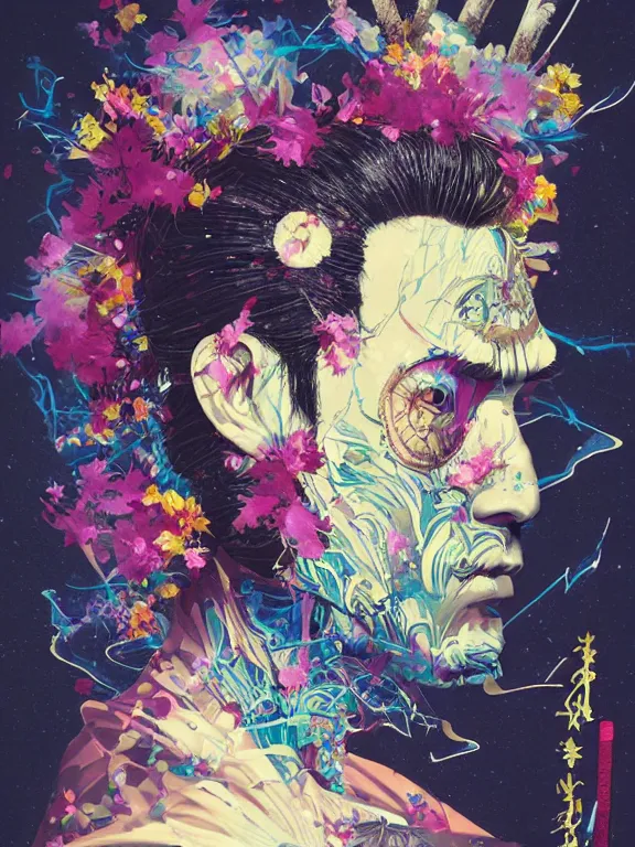 Image similar to art portrait of samurai with flowers exploding out of head,by tristan eaton,Stanley Artgermm,Tom Bagshaw,Greg Rutkowski,Carne Griffiths,trending on DeviantArt,face enhance,chillwave,minimalist,cybernetic, android, blade runner,full of colour,