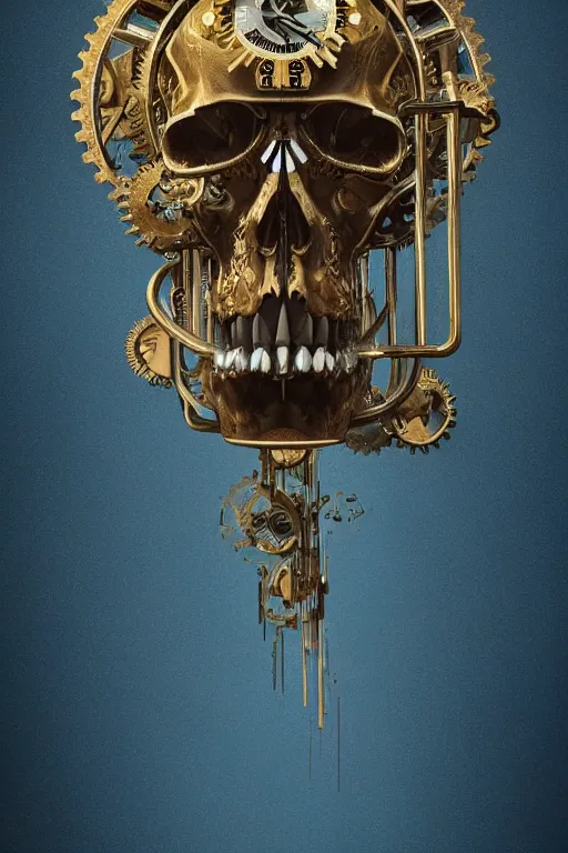 Prompt: hyperrealistic 3 d render ultra detailed of a skull, intricate art deco and steam punk gears details inside, hyperrealistic, volumetric lighting, ultra detailed, elegant, octane render, blue and gold, 8 k, trending on artstation, unreal engine