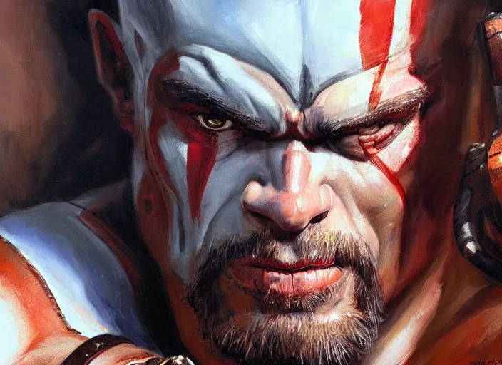 Prompt: a highly detailed beautiful portrait of arnold schwarzenegger as kratos, by gregory manchess, james gurney, james jean