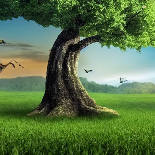 Prompt: three white whales flying near giant tree in the green field, realistic, HD,