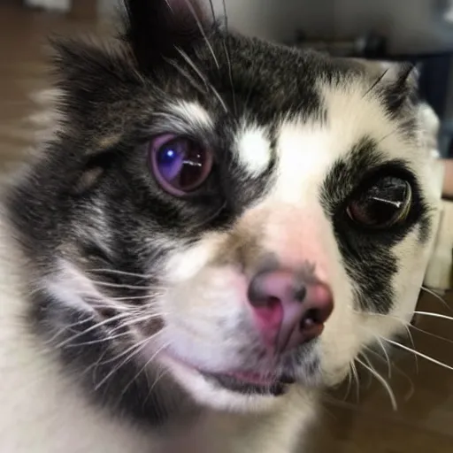 Prompt: photo of a cross between a dog mixed with a cat, photo of a dog body and cat head