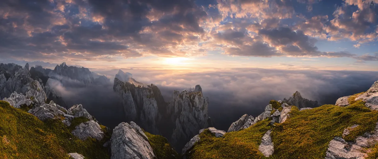 Prompt: a photorealistic breathtaking aerial view of the eastern alps mountain range at sunrise, cliffs, volumetric light, haze, fog, hyperrealism, rock edge, highly detailed, intricate, cinematic, front facing camera, cinematic, epic lighting, 8 k by frederic church, albert bierstadt