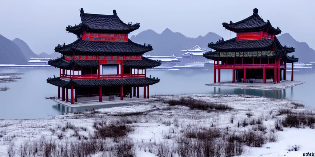 Prompt: ancient chinese palace on ice lake, cyberpunk