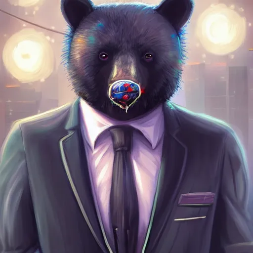 Image similar to a black bear wearing a suit and tie with a cigarette in his mouth, cyberpunk art by Cyril Rolando, featured on deviantart, furry art, furaffinity, smokey background, digital painting