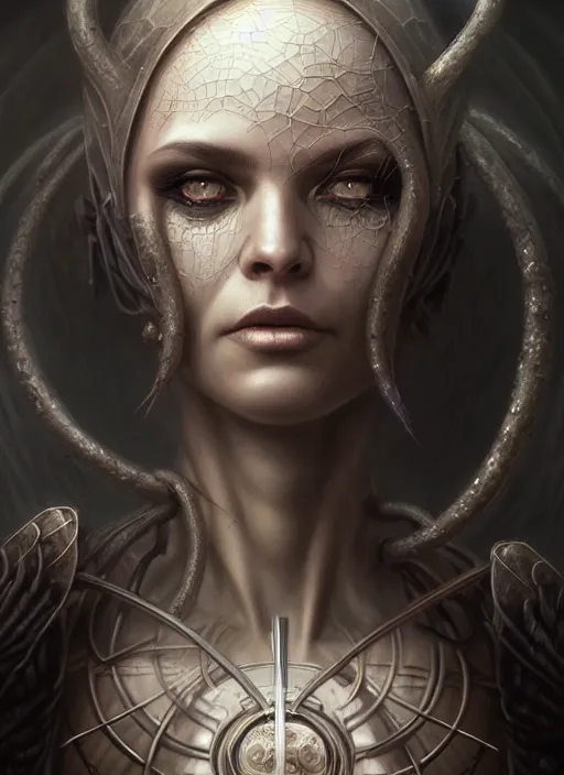 Image similar to closeup portrait shot of female necromancer in a scenic dystopian environment, intricate, elegant, highly detailed, centered, digital painting, artstation, concept art, smooth, sharp focus, illustration, artgerm, tomasz alen kopera, peter mohrbacher, donato giancola, joseph christian leyendecker, wlop, boris vallejo