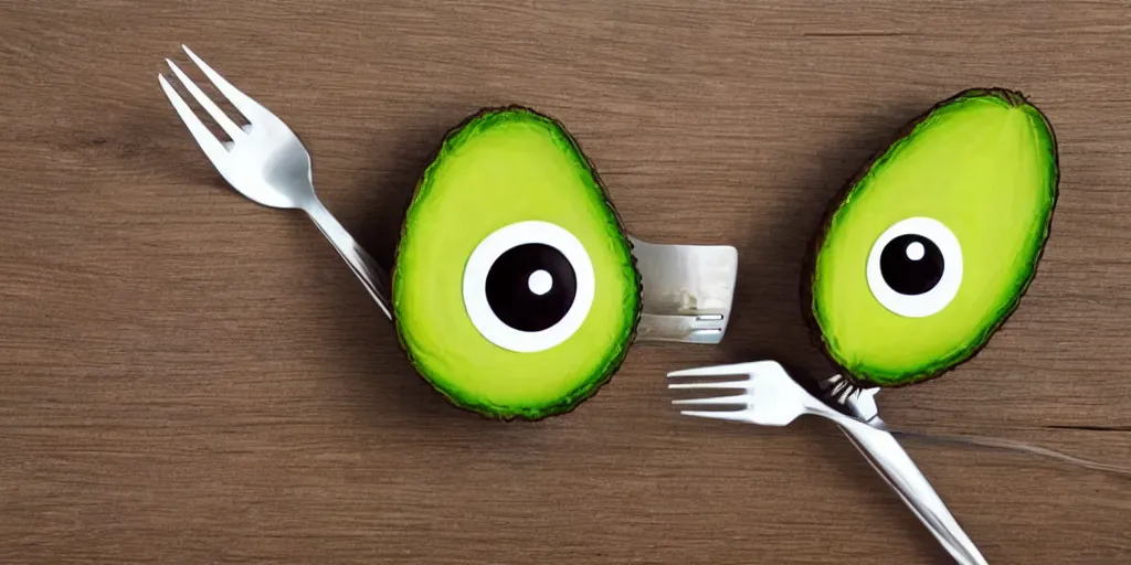 Prompt: cute smiling avocado robot with cute eyes and forks instead of arms, logo style