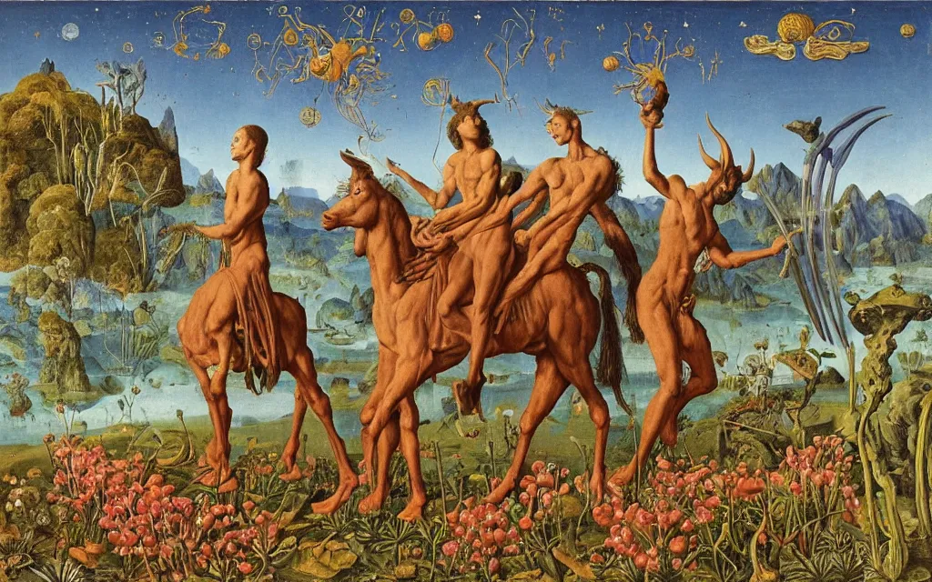 Image similar to a portrait photograph of a meditating satyr and a centaur monk riding a rocket machine and hunting at a river delta. surrounded by bulbous flowers and trees. mountain range under a blue sky of fiery stars. by jan van eyck, max ernst, ernst haeckel, ernst fuchs and artgerm, cgsociety, fashion editorial, 8 k