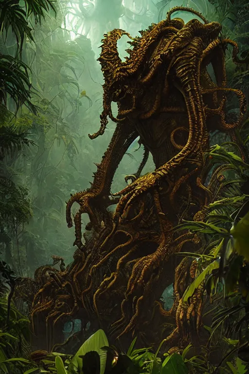 Image similar to giant alien queen in the Jungle, lovecraftian creature, dramatic lighting, cinematic, establishing shot, extremly high detail, foto realistic, cinematic lighting, post processed, concept art, artstation, matte painting, style by eddie mendoza, raphael lacoste, alex ross