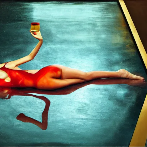 Image similar to Kiko Mizuhara full body laying in a blood red pool of water between a golden mirror frame, outside is space and inside the mirror frame is a beautiful landscape., physically accurate, dynamic lighting, intricate, elegant, highly detailed, digital painting, artstation, HR GIGER, very very Roberto Ferri, Hieronymus Bosch, Francis Bacon, concept art, smooth, sharp focus, illustration, art by artgerm and greg rutkowski and alphonse mucha