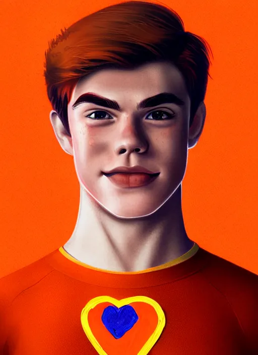 Image similar to friendly teenage archie andrews wearing an orange superhero costume with heart logo, freckles, superhero costume, heart emblem on chest, cape, intricate, elegant, glowing lights, highly detailed, digital painting, artstation, sharp focus, illustration, art by wlop, mars ravelo and greg rutkowski