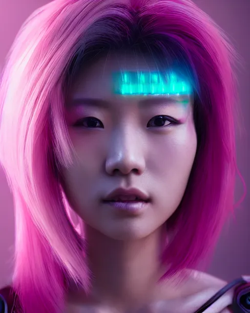 Image similar to portrait of a beautiful asian woman with pink hair as a cyberpunk cyborg half robot, sci - fi, missing panels, intricate abstract upper body intricate artwork, concept art, octane render, deviantart, cinematic, key art, hyperrealism, iridescent accents, portrait photograph, nikon 3 5 mm, photograph by greg rutkowski