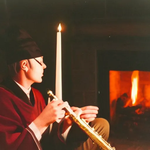 Image similar to a close up portrait of a wizard playing the flute, fireplace lighting, nighttime, kodak vision 5 0 0 t