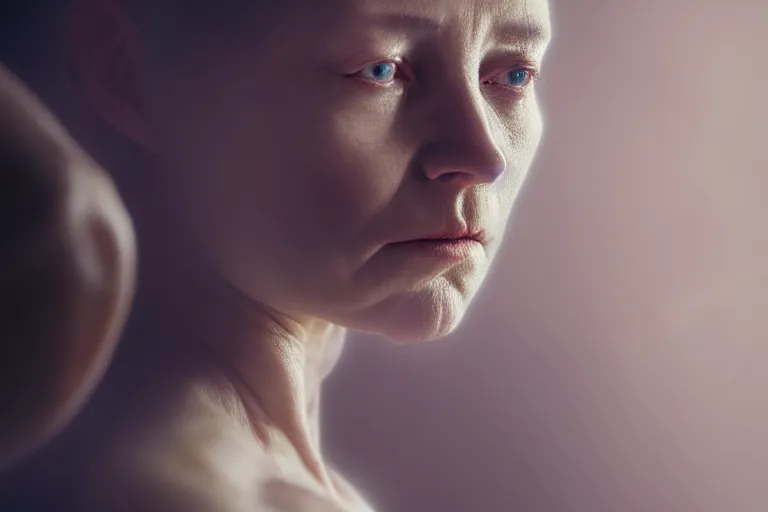 Image similar to an ultra realistic, cinematic, fantasy, portrait, of a woman, looking in mirror at older self, fire, dramatic, soft light, dreamy, facial features, stood in a cell, with prison clothing, detailed, deep focus, movie still, dramatic lighting, ray tracing, by michal karcz and yoshitaka