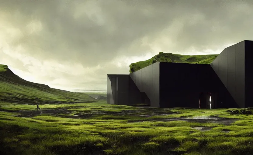 Image similar to An Exterior wide angle shot painting of a modern black architecture in the middle of a green icelandic valley, Greg Rutkowski and Craig Mullins, Cinematic and atmospheric lighting