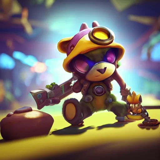 Image similar to teemo is the newest overwatch character, shooting a poison dart, poison mushrooms, octane render, blender render, unreal engine, standing pose, cinematic lighting, symmetrical