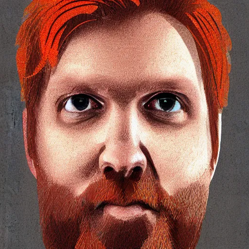 Image similar to portrait of an orange haired 3 8 - year old man with green eyes, a friendly squat face, digital art