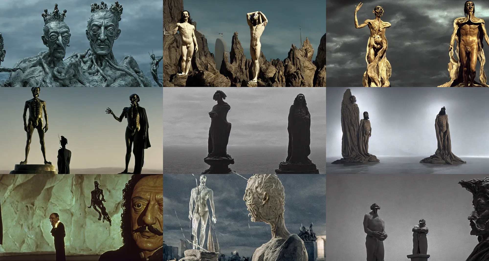 Prompt: the full body shot of salvador dali in the role of emperor of universe seeing the statue of pepe | still frame from the prometheus movie by ridley scott with cinematogrophy of christopher doyle and art direction by hans giger, anamorphic bokeh and lens flares, 8 k, higly detailed masterpiece