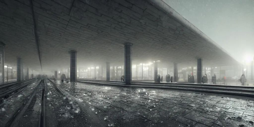 Image similar to 3 d render brutalism ussr metro station, located in the snow, puddles of water, by artgem, ivan shishkin, sunset, foggy, stunning skies, volumetric lighting, sharp focus, cryengine