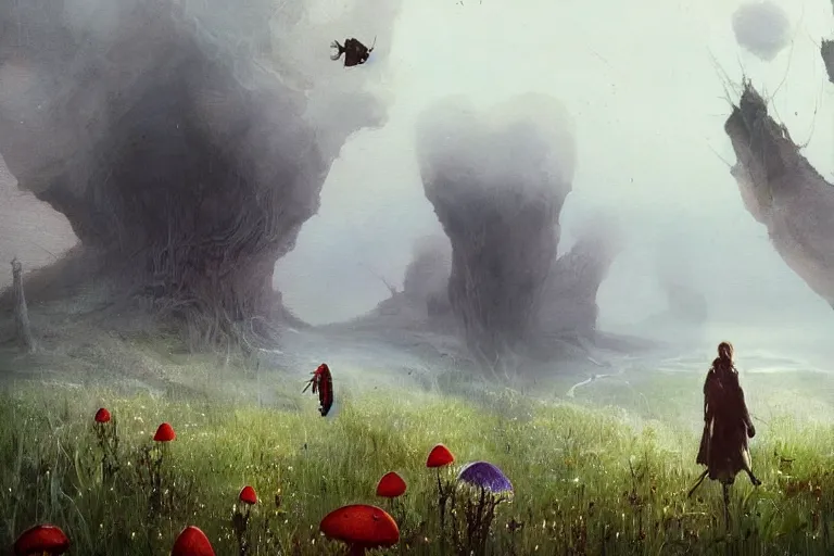 Prompt: surreal painting by greg rutkowski and enki bilal!!, garden wild flowers + poison toxic mushrooms + long grass + garden dwarfs + giant fly + mystic fog, 8 0's vintage sci - fi style, rule of third!!!!, cinematic, 8 k, super detailed, high quality