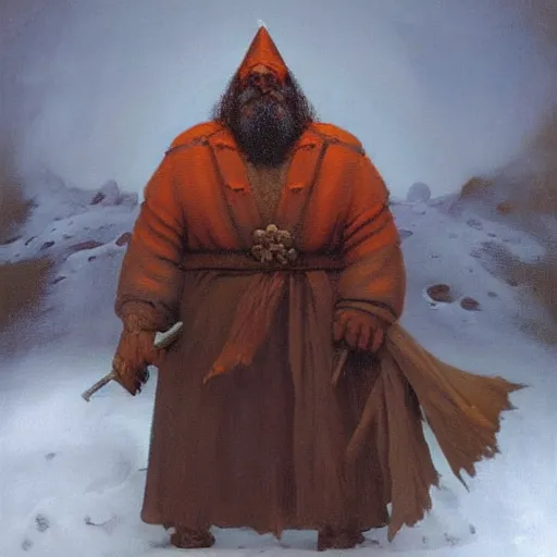 Prompt: “A 70s style Dungeons & Dragons oil painting of a Dwarven Warlock in the snow by zdzisław beksiński and Igor Kieryluk, trending on artstation”