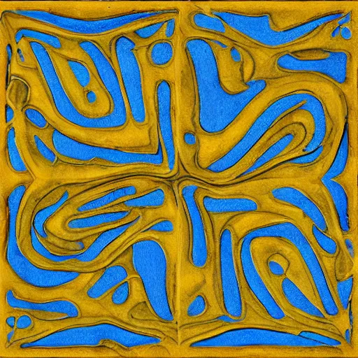 Image similar to thin lines, fractals, lichen macro, serpentine twisty maze, carved soapstone ceiling relief paneling, blue and yellow